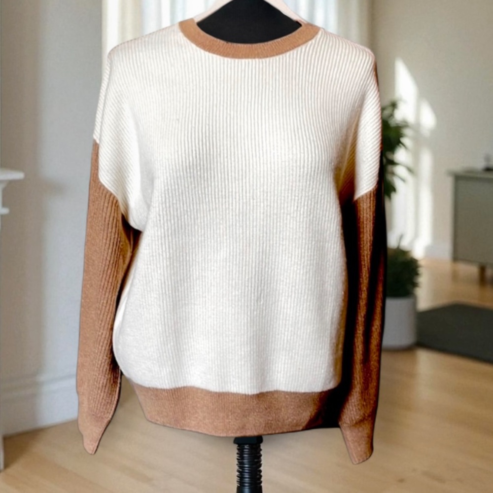 Cream and Tan Crew Neck Sweater with Relaxed Fit